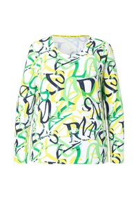 Langarmshirt mit einem Mix aus abstrakten grünen, gelben und schwarzen Buchstaben auf weißem Hintergrund, Rundhalsausschnitt und lockerer Passform.