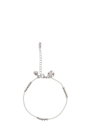 Ezüst karkötő lánc dizájnnal, váltakozó gömb alakú gyöngyökkel. Állítható zárszerkezet díszítő akcentussal és texturált charm-mal.