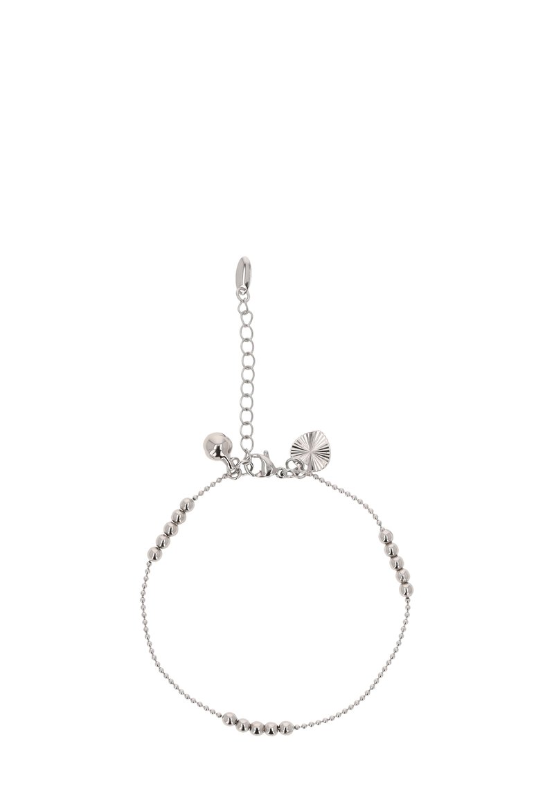 Ezüst karkötő lánc dizájnnal, váltakozó gömb alakú gyöngyökkel. Állítható zárszerkezet díszítő akcentussal és texturált charm-mal.