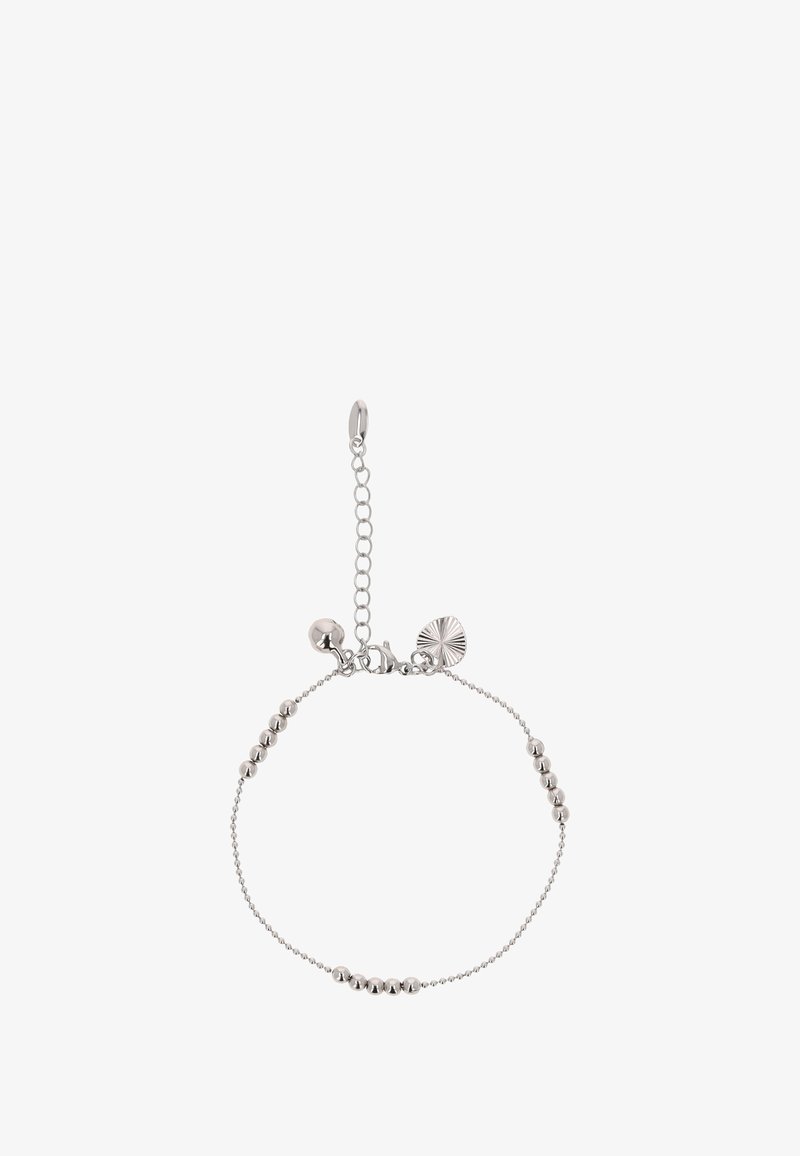 Ezüst karkötő lánc dizájnnal, váltakozó gömb alakú gyöngyökkel. Állítható zárszerkezet díszítő akcentussal és texturált charm-mal.