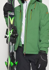 Persona che indossa una giacca da sci verde, tiene in mano degli sci verdi e neri, vestita per gli sport invernali con guanti neri e pantaloni scuri.