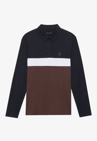Long-sleeve polo shirt with black upper, white horizontal stripe, brown lower section, collar, button placket, and small chest emblem.