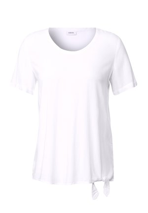 Biała koszulka z krótkim rękawem wykonana z miękkiego materiału, z okrągłym dekoltem i detalem związanym z boku na dolnym brzegu.