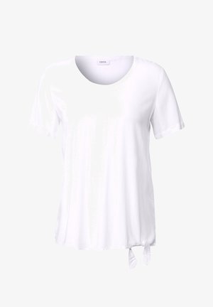 T-shirt bianco a maniche corte in tessuto morbido con scollatura rotonda e dettaglio con nodo laterale all'orlo.