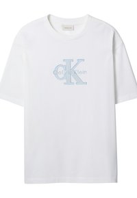 Λευκό κοντομάνικο T-shirt με ανοιχτό μπλε κεντημένο λογότυπο Calvin Klein "CK" στο κέντρο του στήθους.