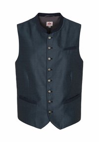 Dunkelblauer Weste mit strukturierter Musterung, Stehkragen, sechs Knöpfen und zwei Fronttaschen. Akzentuiert mit dunkelblauen Besätzen.