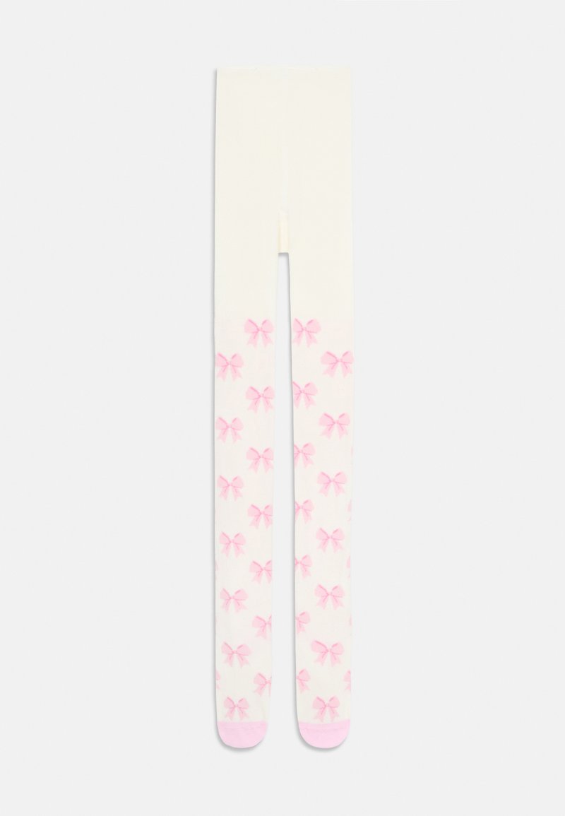Cremfarbene Strumpfhosen mit einem wiederholten Muster von rosa Schleifen, einem uni-pinken Zehenakzent und einer glatten Textur.