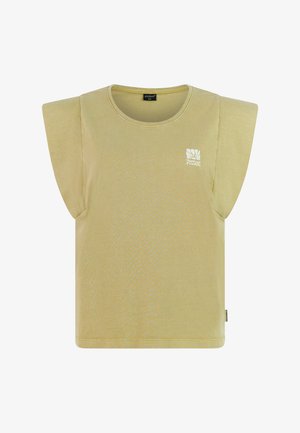 Haut jaune clair à manches courtes avec épaules structurées, encolure arrondie et branding discret à l'avant. Tissu lisse et texturé.