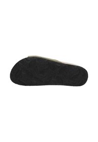 Black rubber shoe sole with textured grip pattern and raised logos; curved shape with slight arch; minimal exposed edges; green accent on top.