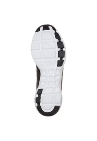 Svart atletisk sko yttersula med botten i strukturerad vit gummi, med ett rutmönster och Reebok-logotyp. Mönstret inkluderar cirkulära och rektangulära former.