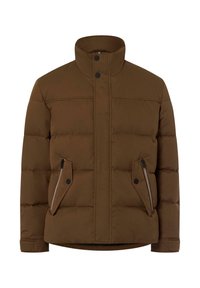 Giacca imbottita marrone con colletto alto, due tasche laterali con zip e bottoni a pressione, realizzata in un tessuto liscio e strutturato.