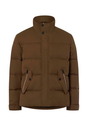 Braune gepolsterte Jacke mit hohem Kragen, zwei Reißverschlusstaschen an der Seite und Druckknöpfen, aus einem glatten, strukturierten Stoff.