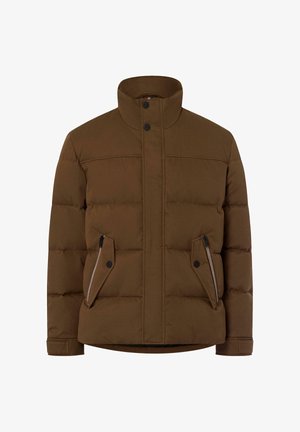 Giacca imbottita marrone con colletto alto, due tasche laterali con zip e bottoni a pressione, realizzata in un tessuto liscio e strutturato.