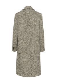 Manteau en mélange de laine dans un motif pied-de-poule beige et noir. Il présente un col cranté et des manches trois-quarts avec des boutons.