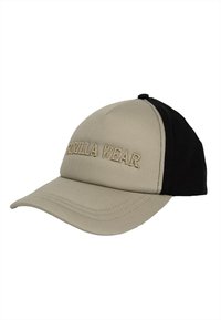 Baseball cap with a beige front and black back. Features "GORILLA WEAR" embroidered in beige thread on the front. Made of cotton.