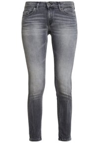Slim-fit šedé džíny z denimu s vybledlým detailem, přední zapínání na knoflík a designem s pěti kapsami.