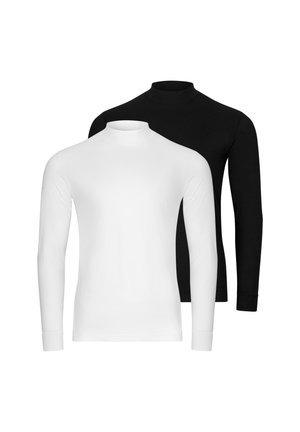 Zwei Langarmshirts mit Stehkragen, eines weiß vorne und eines schwarz dahinter, auf weißem Hintergrund dargestellt.
