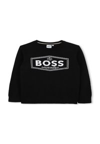 Maglione nero in maglia con colletto rotondo. Presenta il logo "BOSS" e la scritta "seventy" in lettere bianche sulla parte anteriore. Texture morbida, vestibilità standard.