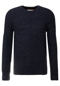 Laivastonsininen neulottu villapaita pyöreällä kaula-aukolla, jossa on teksturoitu ribbineuloskuvio ja kontrastivärinen sileä vaakasuora nauha rinnassa.