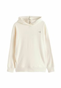 Off-white kapuces džemperis ar garām piedurknēm, priekšējām kabatām un izšūtu uzrakstu "self." uz krūšu daļas un kapuces šuvē.