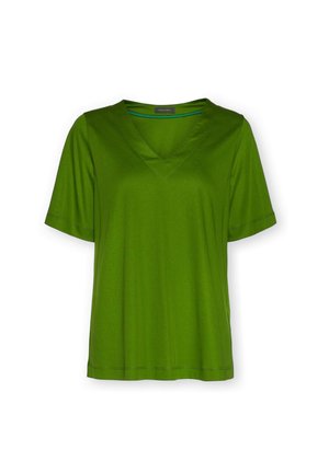 Grünes T-Shirt mit kurzen Ärmeln und V-Ausschnitt, geradem Saum und sichtbaren Nähten an Ärmeln und Saum.