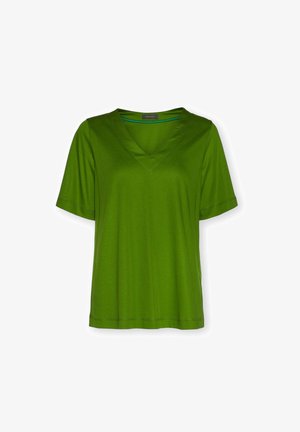 Grünes T-Shirt mit kurzen Ärmeln und V-Ausschnitt, geradem Saum und sichtbaren Nähten an Ärmeln und Saum.