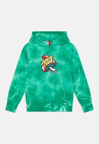 Green tie-dye hooded sweatshirt with a front kangaroo pocket and a large graphic featuring "Santa Cruz" in bold colors. Soft texture.
