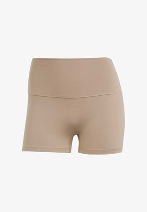 Shortsit valmistettu ihonvärisestä joustavasta kankaasta, joissa on korkea vyötärö, sileä pinta ja erottuva ommel. Suunniteltu mukavuutta ja joustavuutta varten.