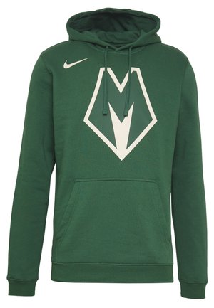 Sweat à capuche vert avec grand logo "M" stylisé blanc sur la poitrine et petit logo Nike blanc en forme de virgule sur l'épaule droite.
