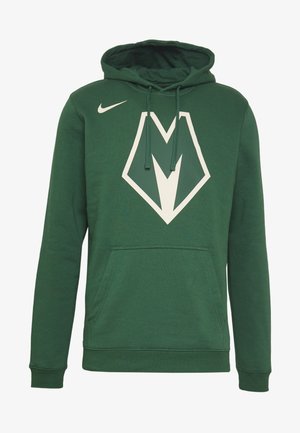 Sweat à capuche vert avec grand logo "M" stylisé blanc sur la poitrine et petit logo Nike blanc en forme de virgule sur l'épaule droite.