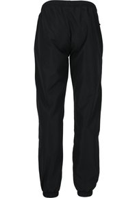 Pantalones deportivos negros hechos de material ligero, con una cintura elástica, tobillos ajustados y una textura suave.