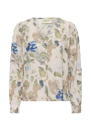 Florale Bluse mit Knopfleiste aus leichtem Stoff mit blauen und grünen Blumen, ausgestattet mit V-Ausschnitt, langen Ärmeln und einem dezenten strukturierten Muster.