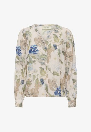 Blomstret skjortebluse i let stof med blå og grønne blomster, med v-hals, lange ærmer og diskret teksturmønster.