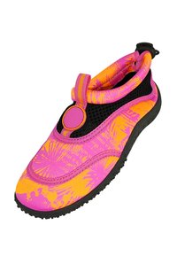 Farbenfrohe Slipper-Schuhe mit einem lebendigen pinken und orangefarbenen Muster, einem schwarzen Netzüberzug und einer strukturierten Gummisohle.