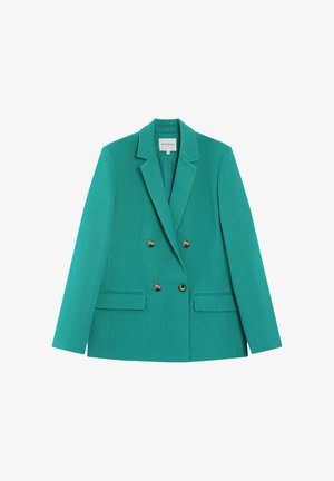 Blazer sarcelle à double boutonnage avec revers crantés, quatre boutons marron, deux poches avant à rabat et manches longues, étalé à plat.