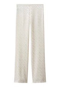 Białe legginsy z wzorem, o teksturowanym wykończeniu. Wzór zawiera subtelne, zygzakowate wzory na całej tkaninie.