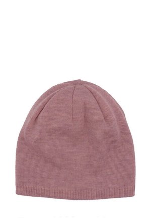 Knitted beanie hat in soft pink, featuring a rounded top and ribbed band. Smooth texture with subtle vertical lines, no prominent hardware.