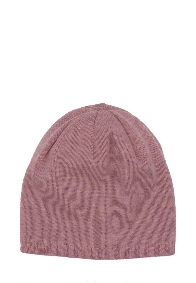 Knitted beanie hat in soft pink, featuring a rounded top and ribbed band. Smooth texture with subtle vertical lines, no prominent hardware.