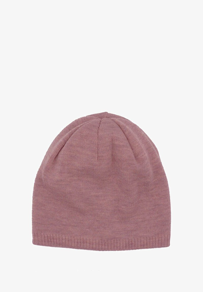Knitted beanie hat in soft pink, featuring a rounded top and ribbed band. Smooth texture with subtle vertical lines, no prominent hardware.