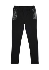 Leggings noirs avec une taille élastique confortable et des panneaux en faux cuir contrastants sur les poches avant. Texture lisse sur l'ensemble.