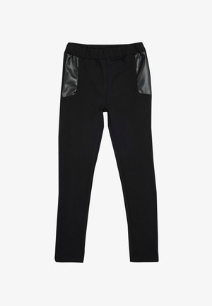 Black leggings featuring a comfortable elastic waistband and contrasting faux leather panels on the front pockets. Smooth texture throughout.