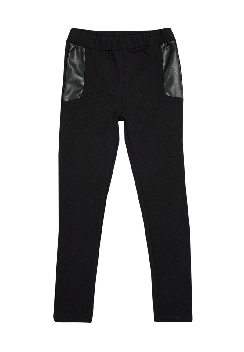 Leggings noirs avec une taille élastique confortable et des panneaux en faux cuir contrastants sur les poches avant. Texture lisse sur l'ensemble.