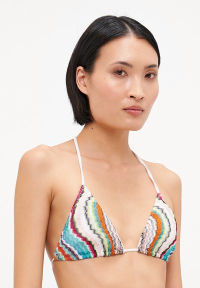 Triangular bikini top with a multicolored zigzag pattern, featuring a textured fabric, white ties, and vibrant shades of blue, orange, and pink.