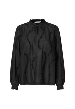 Blouse noire à manches longues en tissu léger, avec des accents froncés sur le devant et les poignets, présentant un détail d'encolure en forme de keyhole.