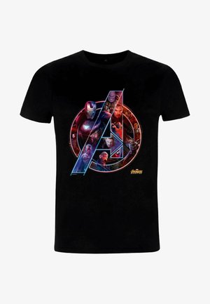 Czarny bawełniany t-shirt z kolorową grafiką superbohaterów Avengers oraz centralnym logo "A", ozdobiony różnymi portretami postaci.