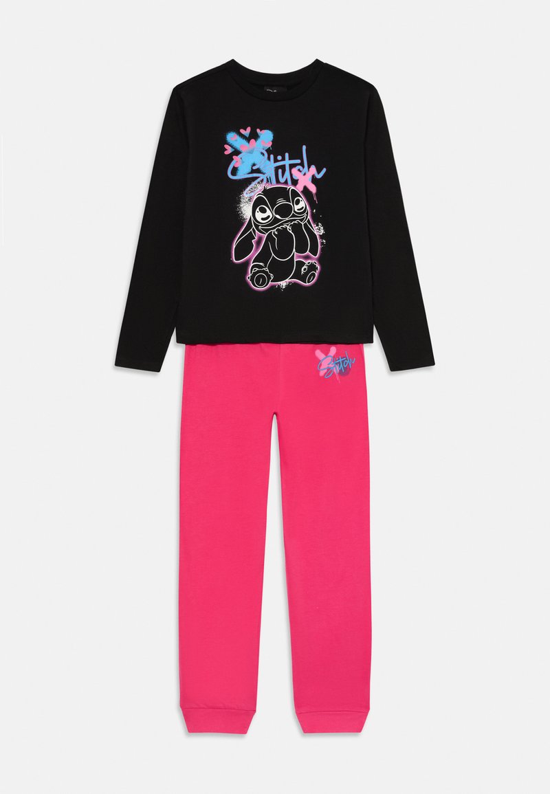 Schwarzes Pyjama-Oberteil mit langen Ärmeln und Stitch-Grafik sowie rosa Herzen. Rosa Hose mit elastischen Bündchen verfügt über ein kleines Stitch-Logo. Material aus Baumwollmischung.