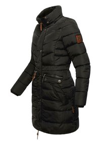 Black puffer coat with a high collar, horizontal quilted design, zipper pockets, and a textured brown patch on the left sleeve.