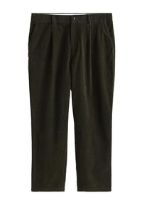 Pantalon en velours côtelé vert foncé à coupe droite, avec deux poches avant, une braguette à glissière et une fermeture par un bouton unique.