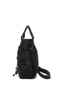 Borsa tote nera realizzata in tessuto resistente. Presenta una tasca laterale in rete, una tracolla regolabile e diverse cerniere per una conservazione sicura.