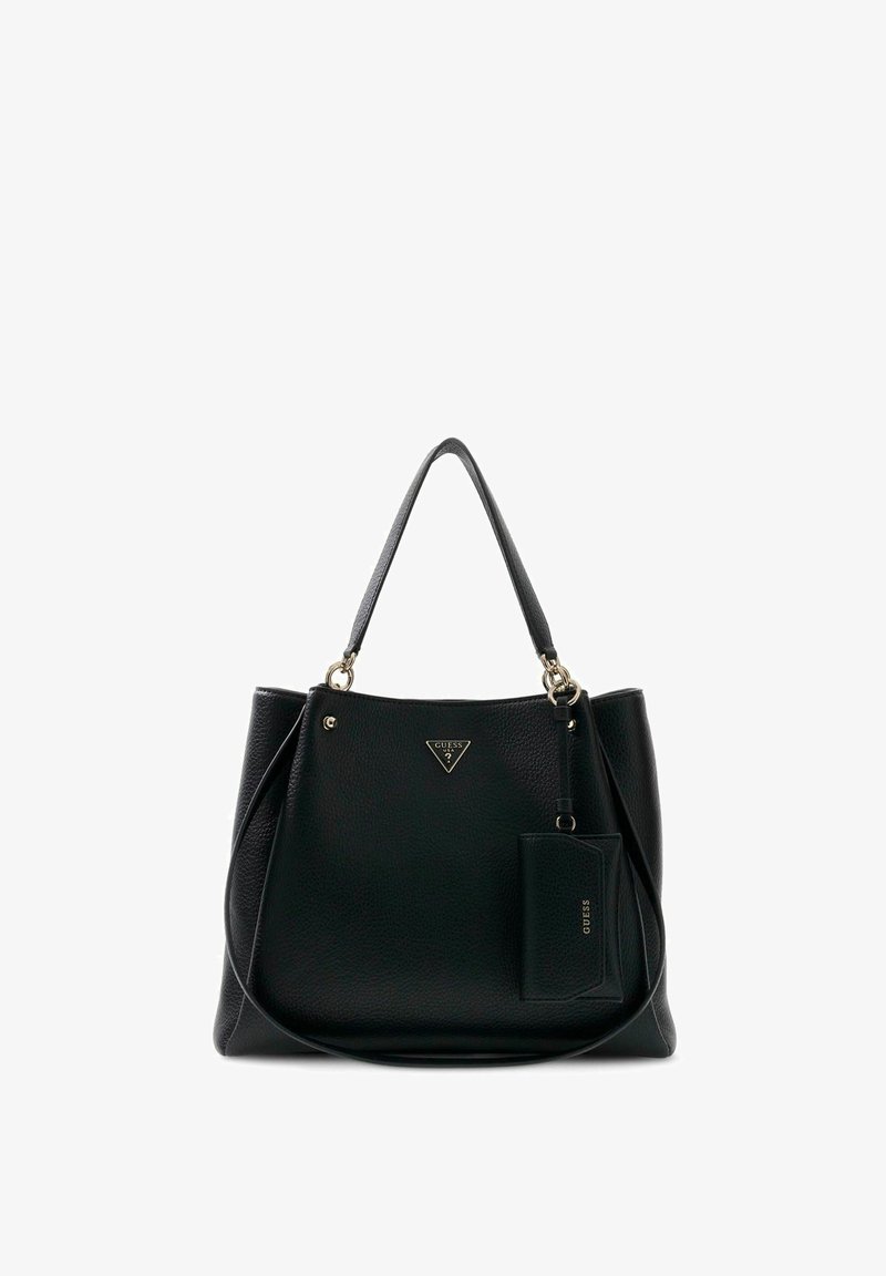 Sac cabas en cuir noir Guess avec une bandoulière unique, une étiquette logo attachée et des détails en métal doré.